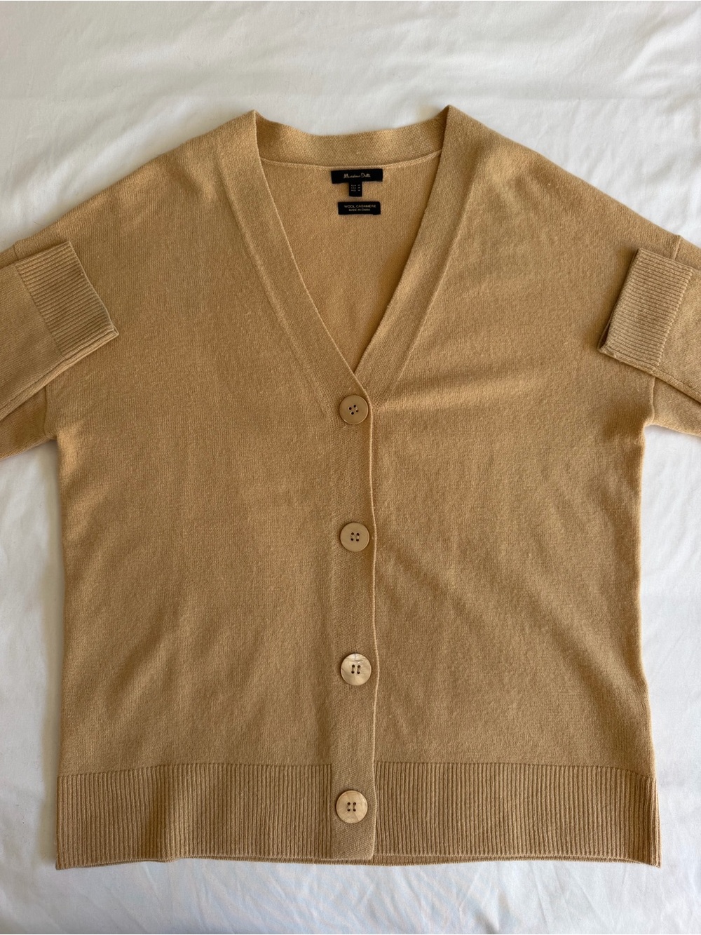 Massimo Dutti 96 Wool 4 Cashmere Camel Tan Brown V-Neck Button Front Cardigan